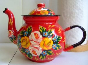 Hand decorated enameled steel teapot