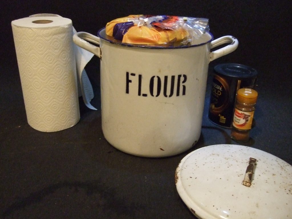 Vintage enamelware flour bin